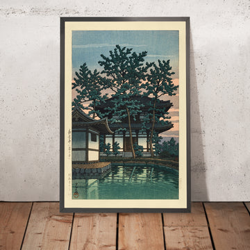A framed image of Kiko Temple Nara Prefecture by Hasui Kawase 1935