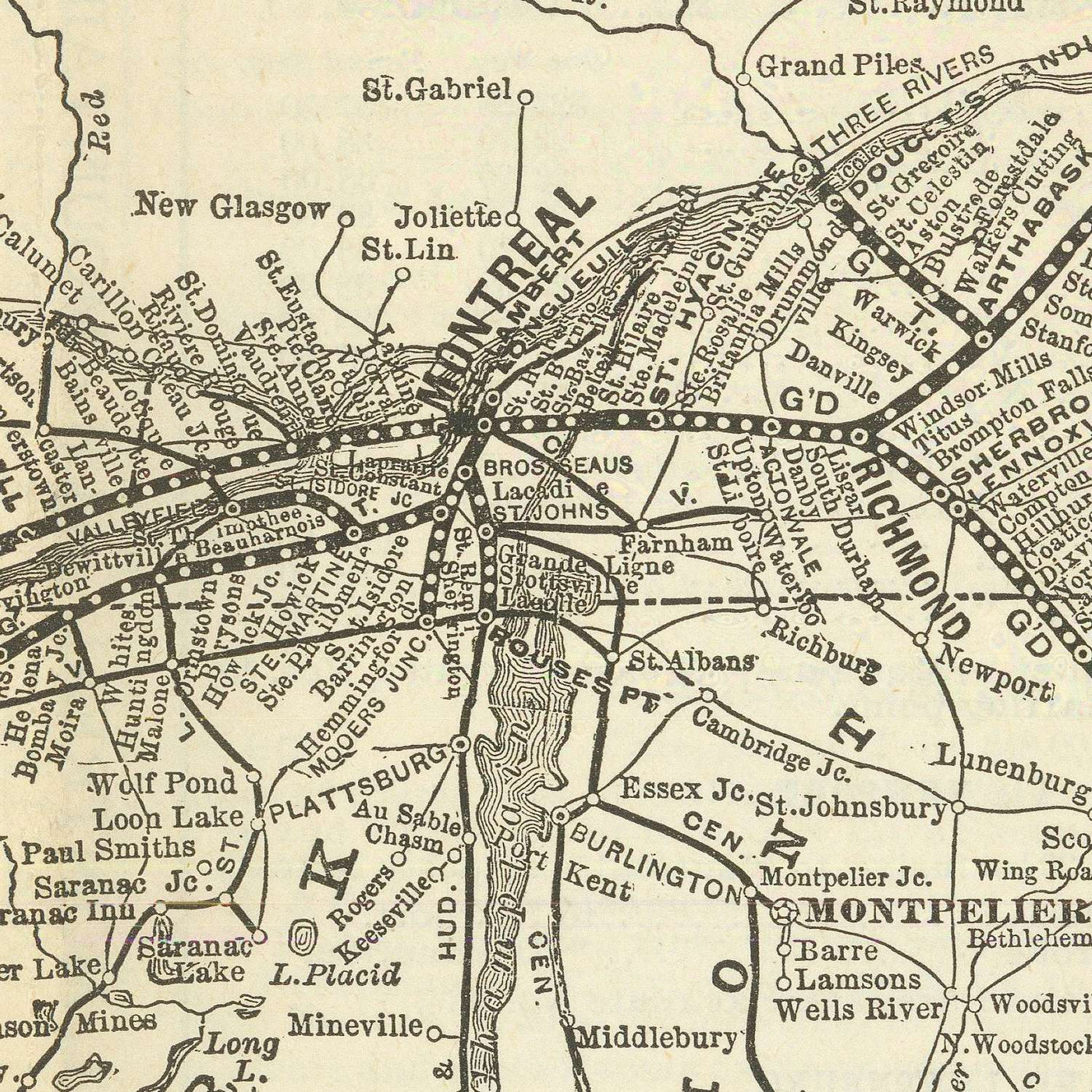 Old Map of the Grand Trunk Railway, 1898: Toronto, Chicago, Niagara Falls, Ontario, Quebec