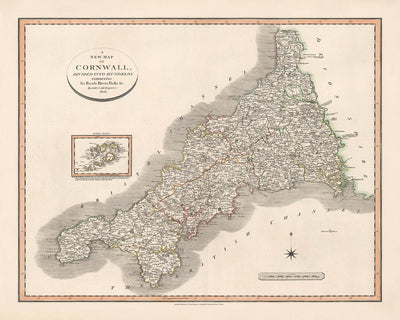 Old Map of Cornwall by Cary, 1806: Divided into Hundreds, Truro, Falmouth, Penzance