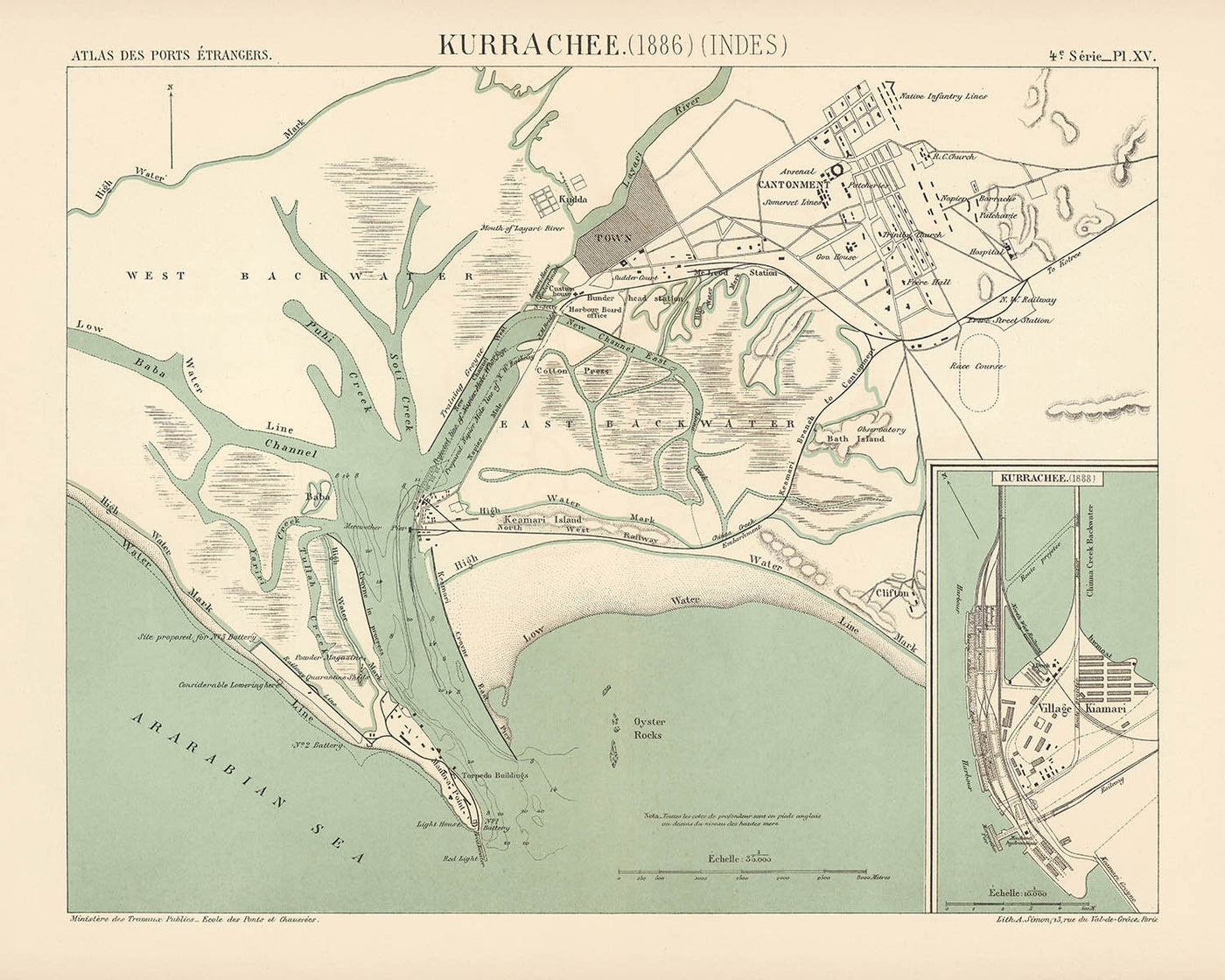 Old Map of Karachi, 1886: Port & Harbour, Cantonment, Oyster Rocks, Light House