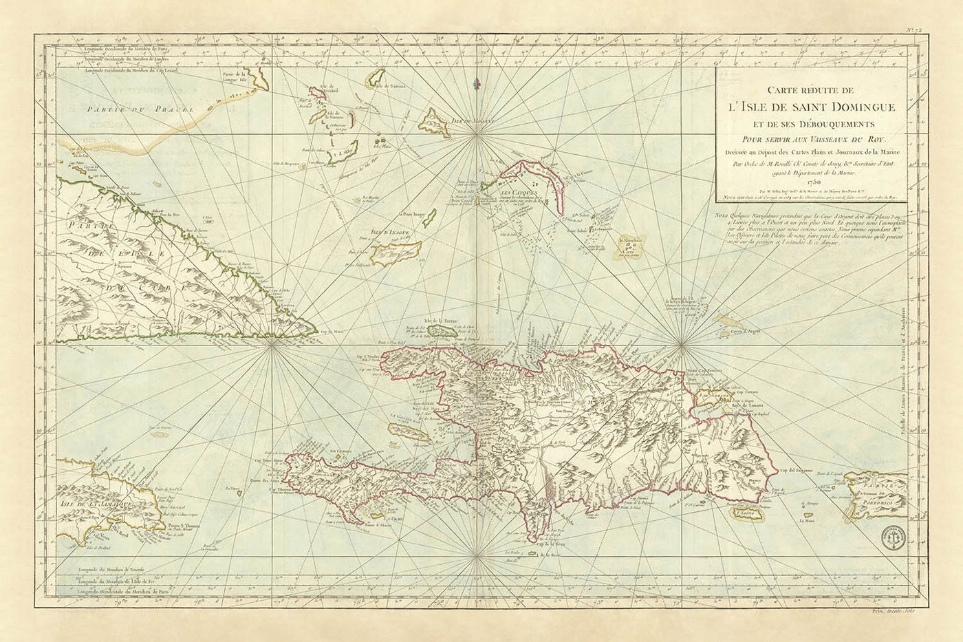 Alte nautische Karte der Karibik, 1750: Santo Domingo, Haiti, Jamaika, Puerto Rico, Turks- und Caicosinseln 