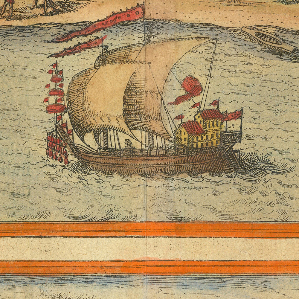 Alte Karte von Calicut in Indien von Braun & Hogenberg, 1572: Ormuz, Canonor, El Mina, Schiffe 
