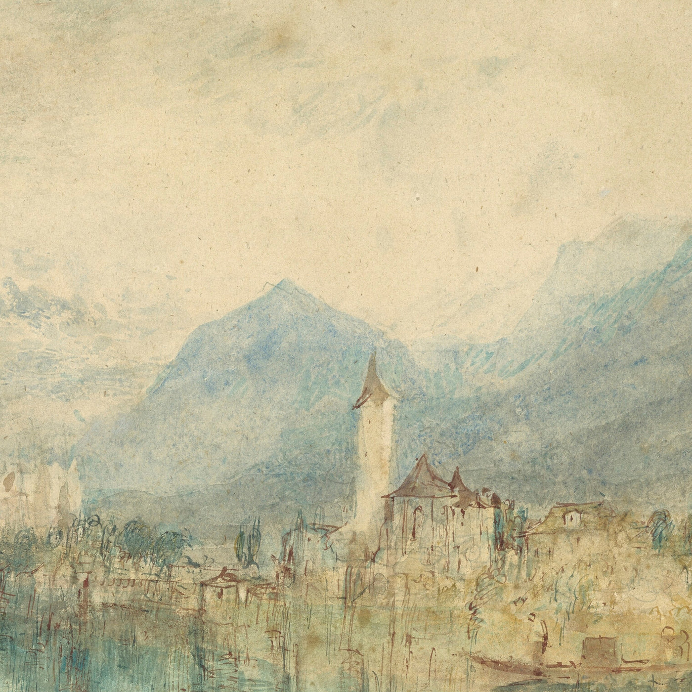 Looking towards Lake Thun, from opposite Scherzligen, with Schloss Schadau and the Niesen in the distance, Switzerland by Turner, 1804