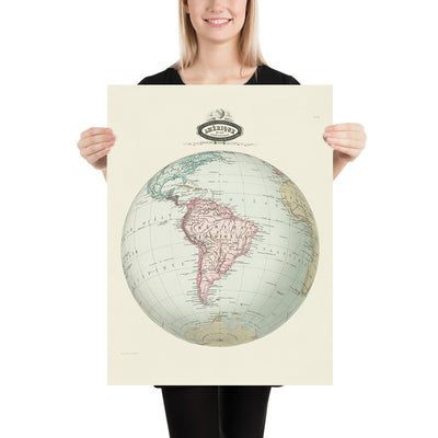 Old Spherical Map of South America by Garnier, 1860