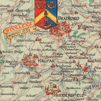 Old Pictorial Map of West Riding of Yorkshire by Clegg, 1946: Leeds, Bradford, Rivers, Churchill Quotes, Coats of Arms