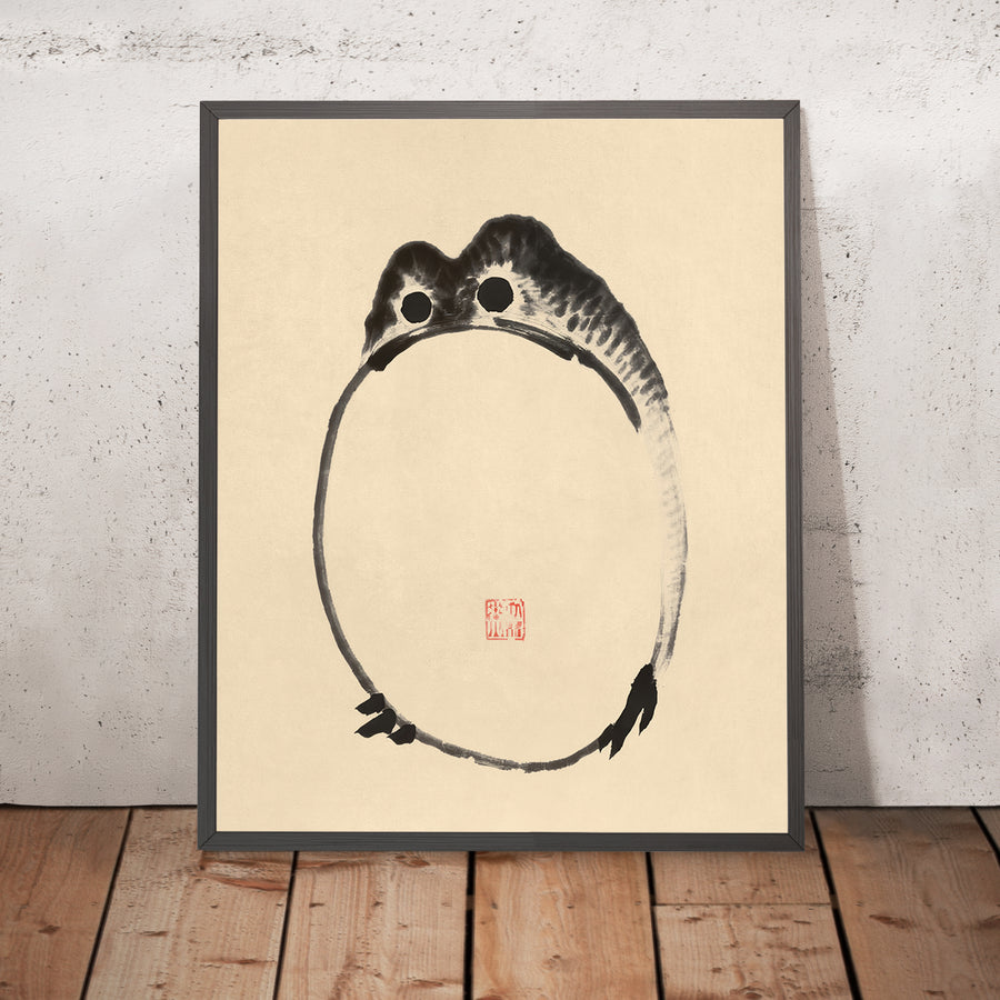 A framed image of Disappointed Frog by Ike no Taiga, 1775