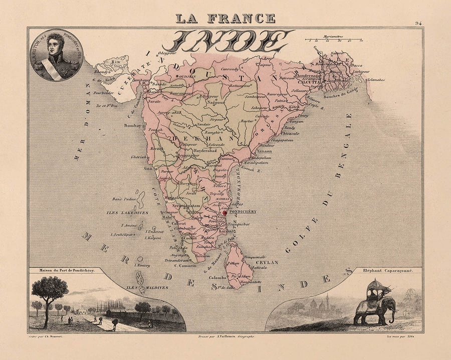 Antica mappa della "India francese" di Vuillemin, 1869: Enclavi francesi, Pondicherry, Chandannagar, Mahé, Mare di Bengala 