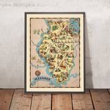 Carte picturale de l'Illinois par Ruth Taylor White, 1935 : Chicago, Springfield, Peoria, rivières Mississippi et Illinois, limites des comtés 