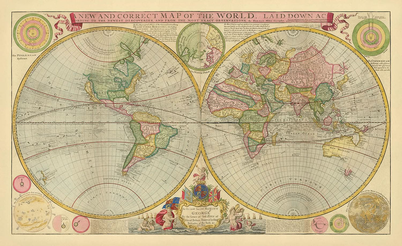 Gran mapa mundial hemisférico antiguo de Moll, 1760: California como isla, Hokkaido en Siberia 