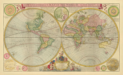 Gran mapa mundial hemisférico antiguo de Moll, 1760: California como isla, Hokkaido en Siberia 