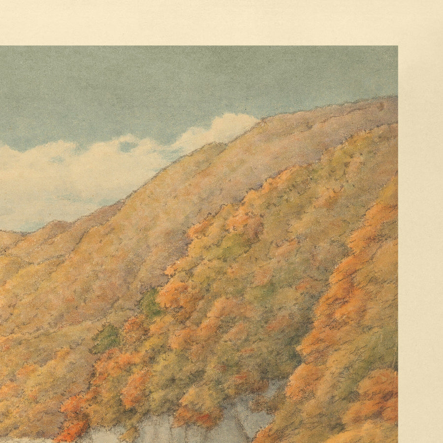 Herbstbäume und felsiger Fluss von Hasui Kawase, 1935 