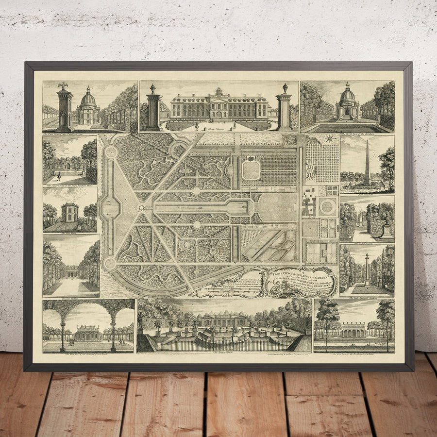 A framed image of Wrest Park, the House & Gardens of the Duke of Kent by John Rocque, 1737