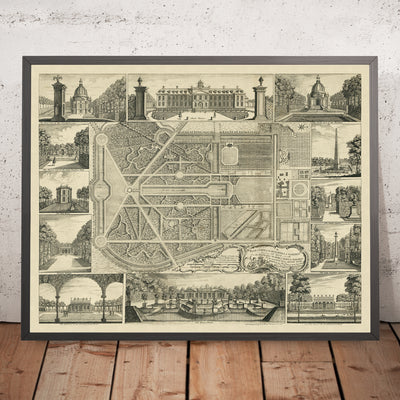 A framed image of Wrest Park, the House & Gardens of the Duke of Kent by John Rocque, 1737