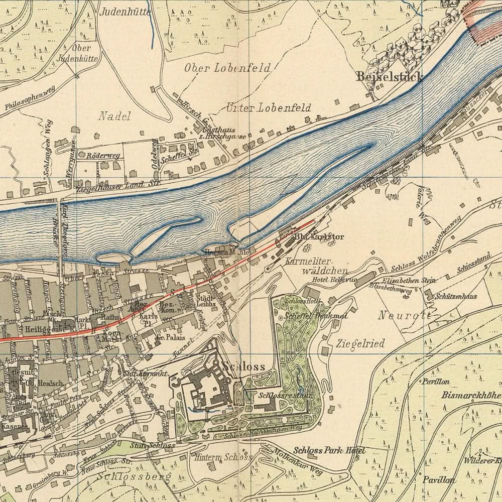 Plan de la vieille ville de Heidelberg par Rübsamen, 1907 : Château, Neckar, Neuenheim, Bergheim, Philosophenweg