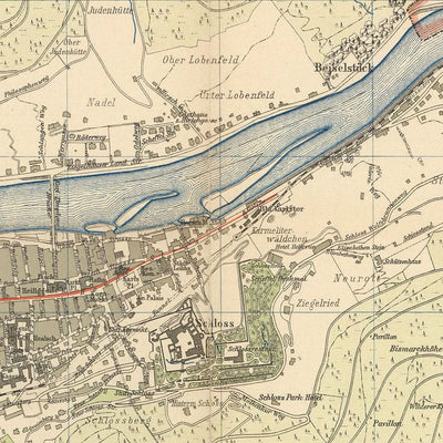 Plan de la vieille ville de Heidelberg par Rübsamen, 1907 : Château, Neckar, Neuenheim, Bergheim, Philosophenweg