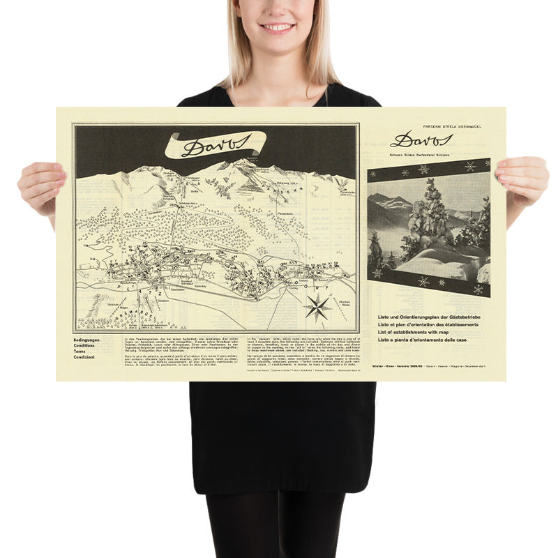 Mappa della vecchia stazione sciistica di Davos, 1959: Weissfluhjoch, Jakobshorn, Schatzalp, Klosters, Davos Platz 
