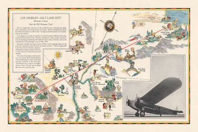 Pictorial Map of Los Angeles–Salt Lake City Air Route, 1929: Western Air Express, Tri-Motored Fokker, Las Vegas, Great Salt Lake, Zion National Park