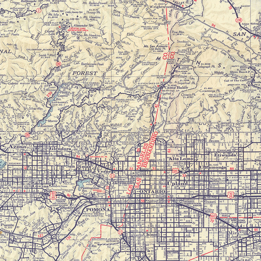 Grande mappa stradale di Los Angeles, 1945: Automobile Club della California del Sud, Hollywood, Beverly Hills, Route 66 