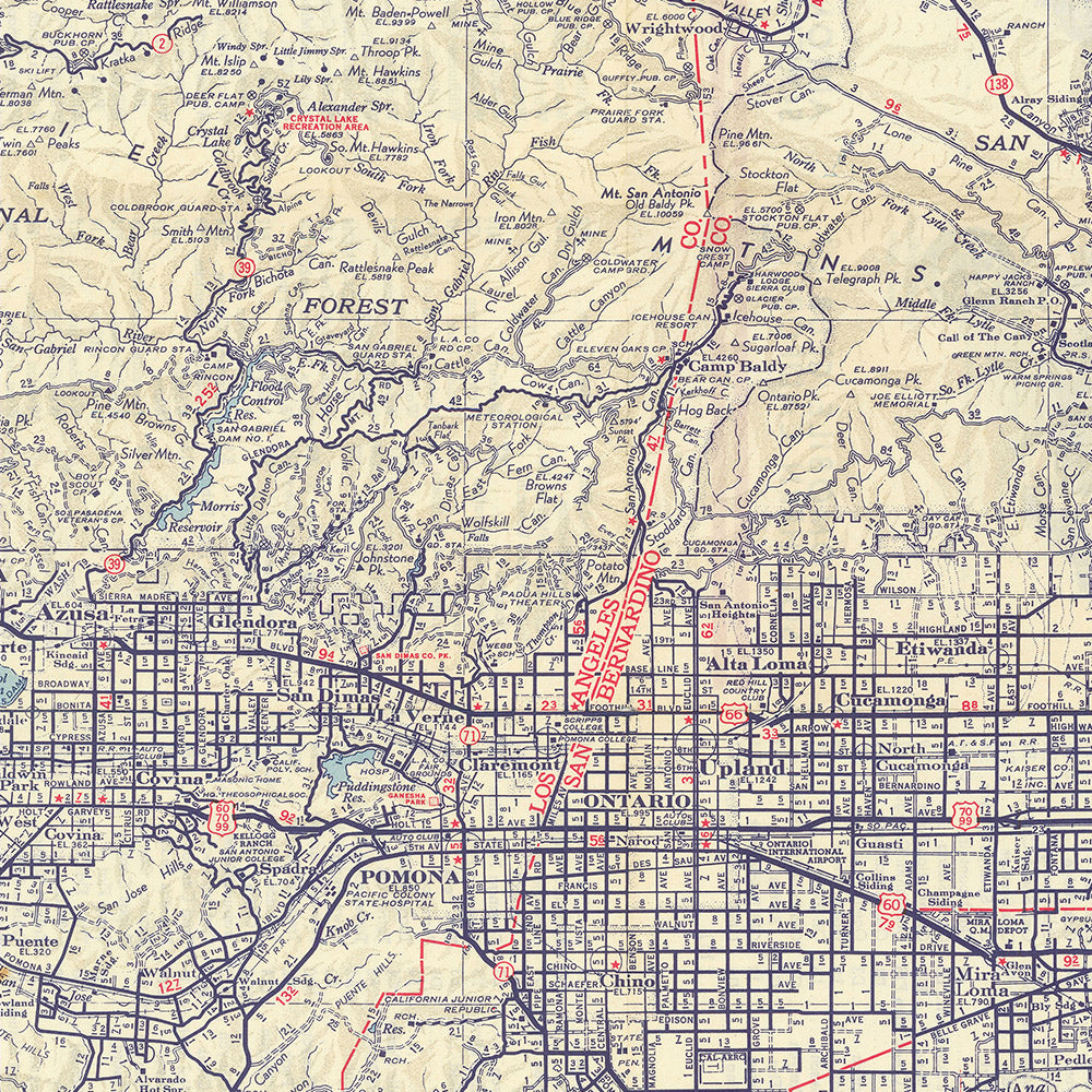Large Old Los Angeles Road Map, 1945: Automobile Club of Southern California, Hollywood, Beverly Hills, Route 66