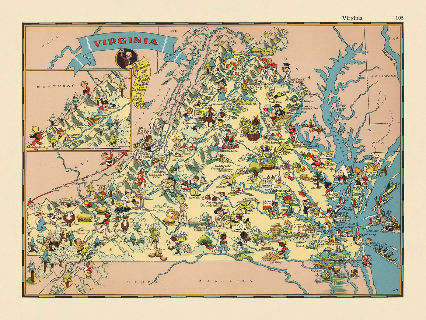Pictorial Map of Virginia by Ruth Taylor White, 1935: Richmond, Norfolk, Chesapeake Bay, Blue Ridge Mountains, Jamestown