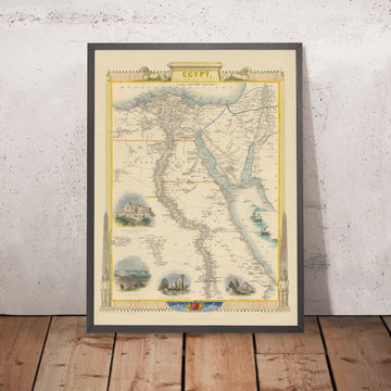 Alte Karte von Ägypten von Tallis & Rapkin, 1851: Kairo, Alexandria, Karnak, Sphinx, Rotes Meer 