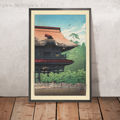 A framed image of Kenchoji Temple in Kamakura by Hasui Kawase 1935