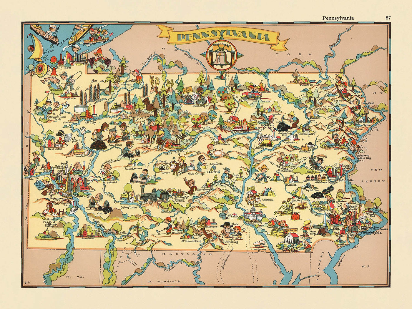 Pictorial Map of Pennsylvania by Ruth Taylor White, 1935: Philadelphia, Pittsburgh, Gettysburg, Amish, Appalachian Mountains