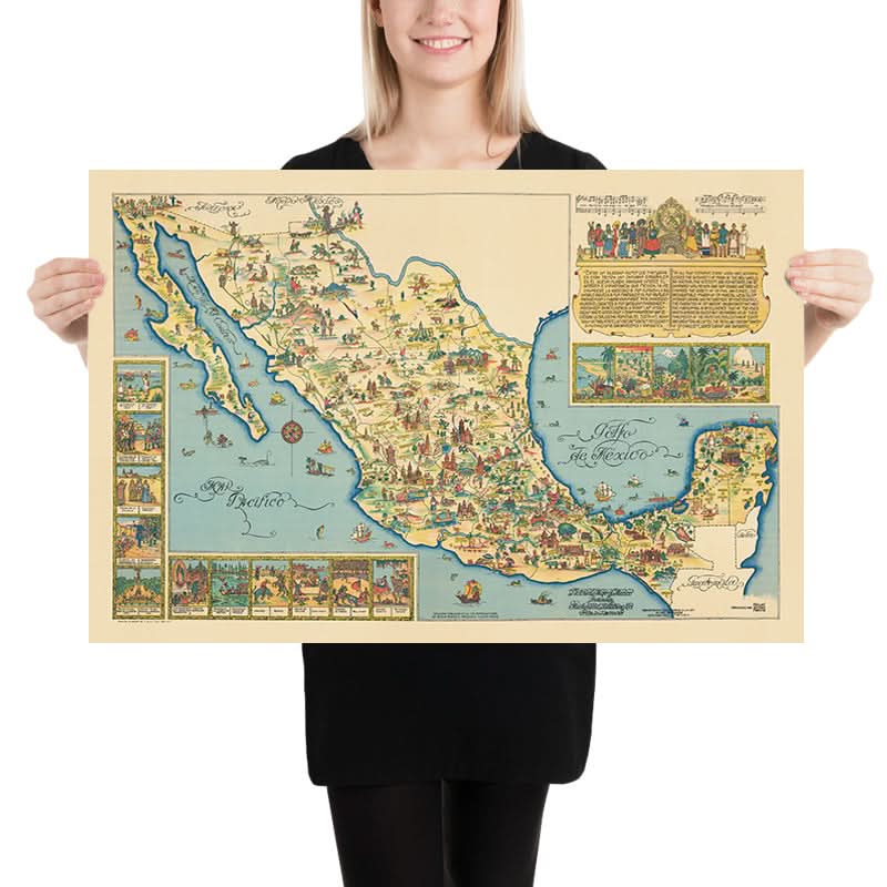 Antigua Mapa Pictórico de México por Fischgrund, 1950: Ciudad de México, Ilustraciones Culturales 