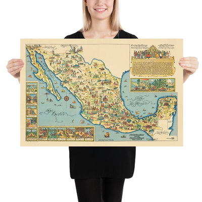 Antigua Mapa Pictórico de México por Fischgrund, 1950: Ciudad de México, Ilustraciones Culturales 