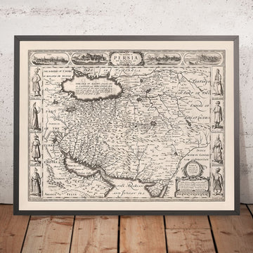 Vecchia mappa monocromatica della Persia di Speed, 1676: Iran, Isfahan, Mare Caspio, Golfo Persico, Shiraz, Tabriz 