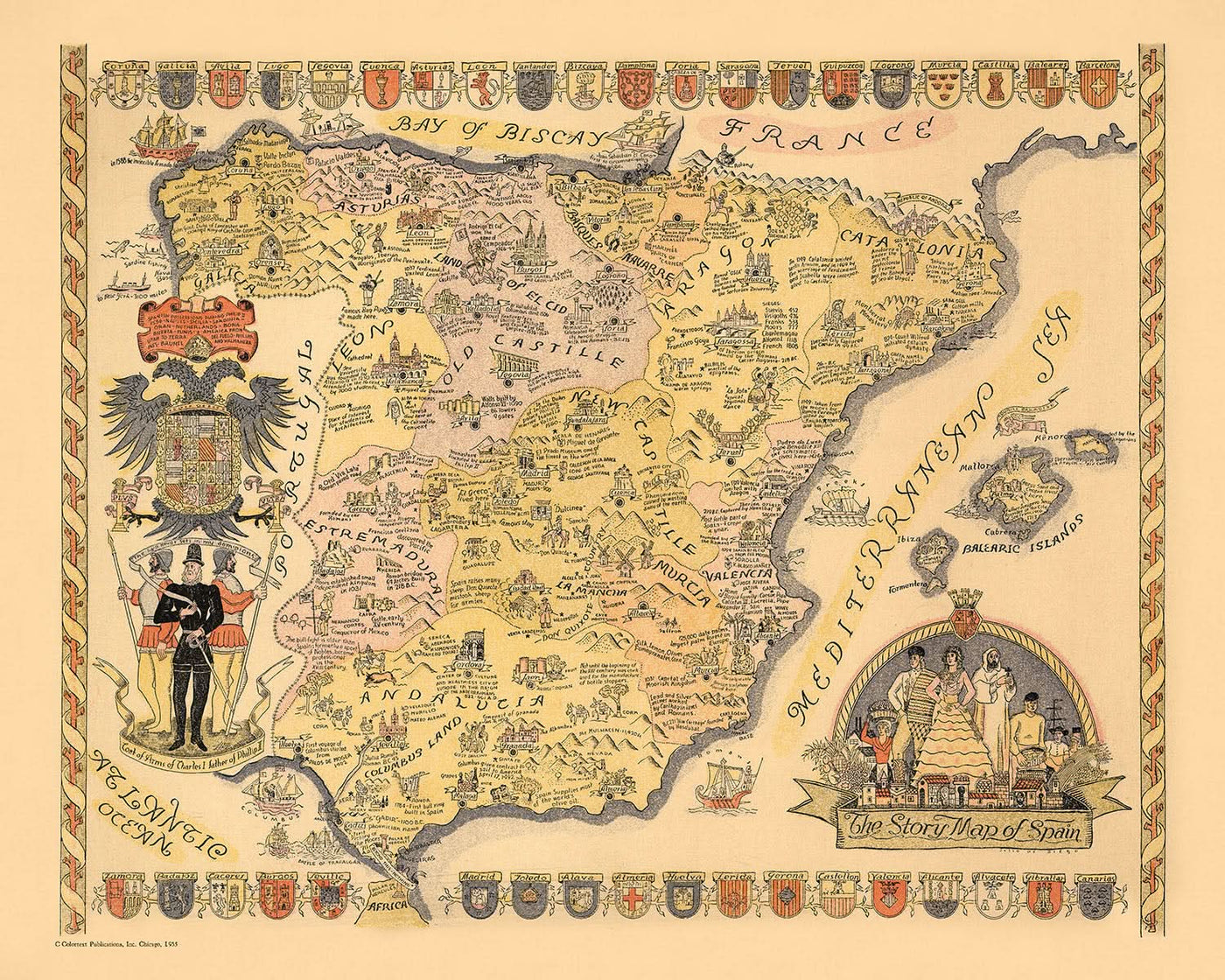 Alte bildliche Karte von Spanien, 1935: Madrid, Barcelona, Sevilla, Golf von Biscaya, historische Schiffe 