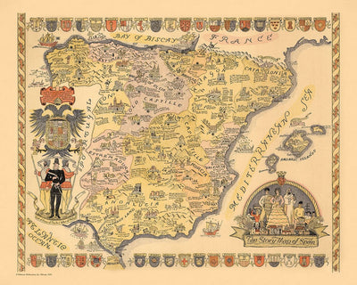 Alte bildliche Karte von Spanien, 1935: Madrid, Barcelona, Sevilla, Golf von Biscaya, historische Schiffe 