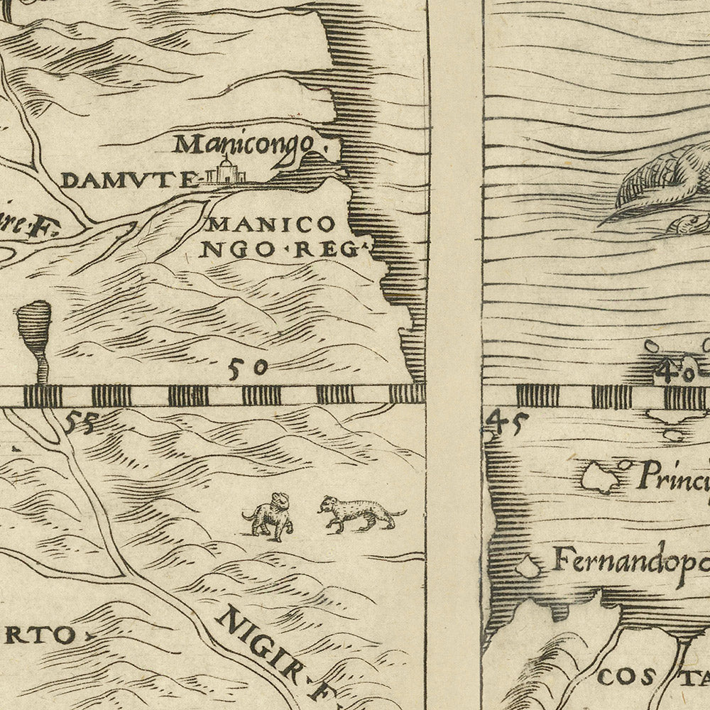 Ancienne carte inversée de l'Afrique par Ramusio, 1554 
