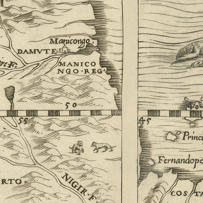 Ancienne carte inversée de l'Afrique par Ramusio, 1554 