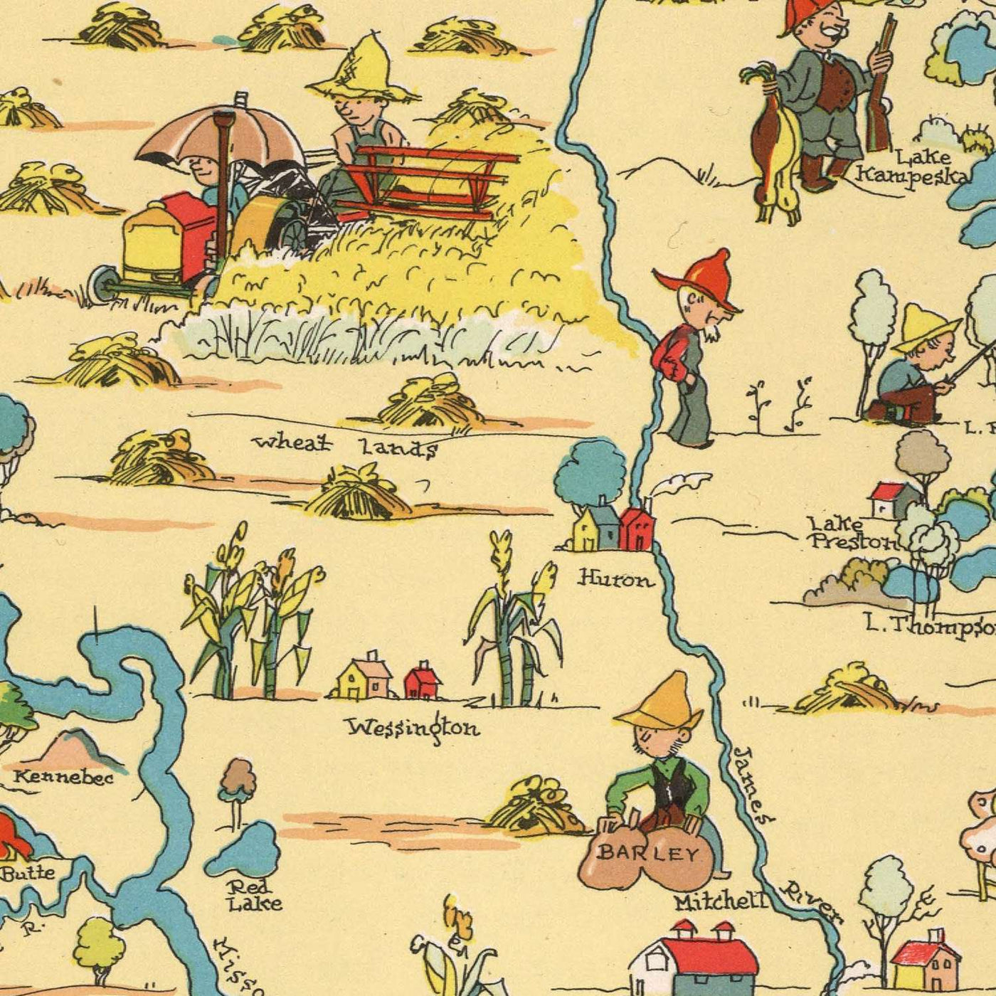Pictorial Map of South Dakota by Ruth Taylor White, 1935: Sioux Falls, Black Hills, Mount Rushmore, Missouri River, Badlands