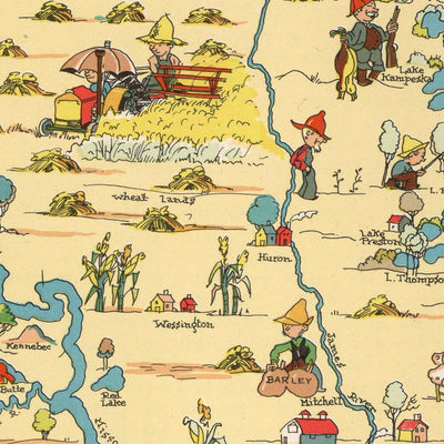 Pictorial Map of South Dakota by Ruth Taylor White, 1935: Sioux Falls, Black Hills, Mount Rushmore, Missouri River, Badlands