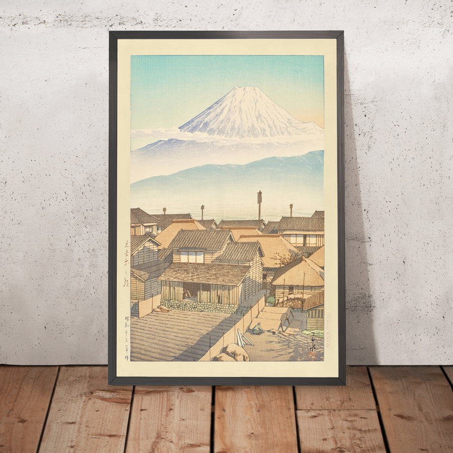 A framed image of Morning in Motoyoshiwara with Mt Fuji by Hasui Kawase 1935