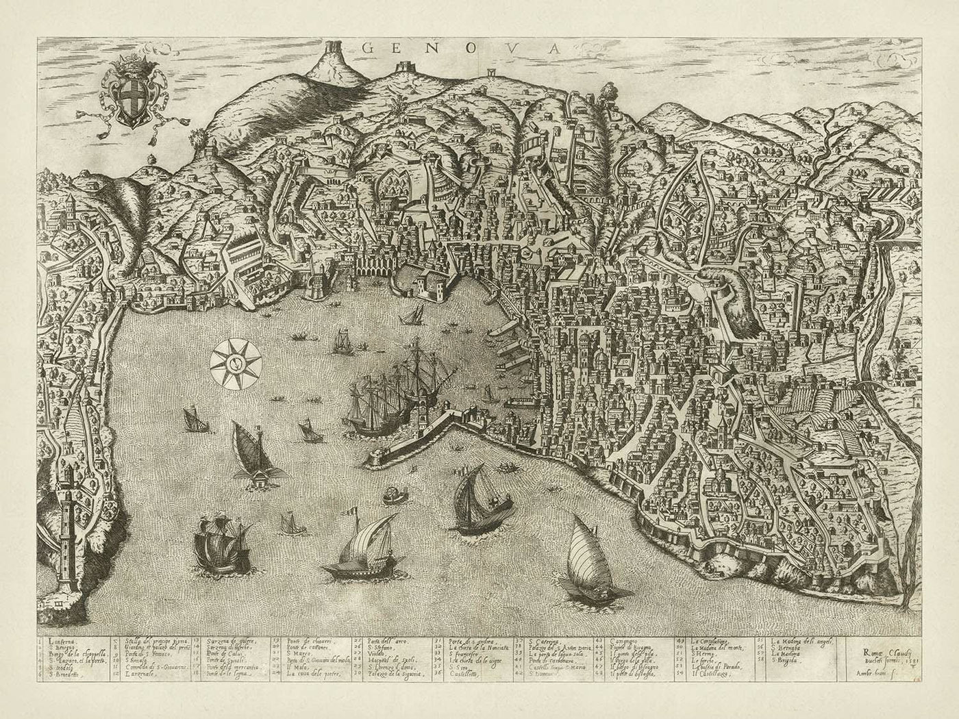 Old Pictorial Map of Genoa by Duchetti, 1584: Harbor, Laterna, Ships