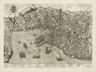 Old Pictorial Map of Genoa by Duchetti, 1584: Harbor, Laterna, Ships