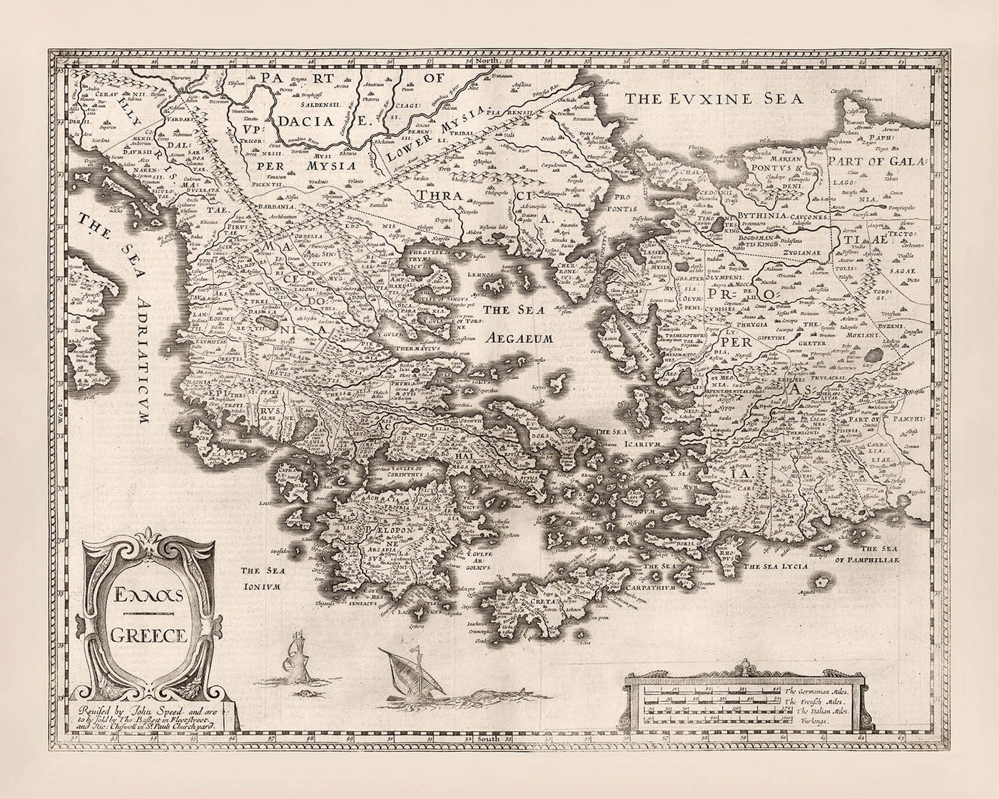 Ancienne carte de la Grèce par Speed, 1676 : Athènes, Corinthe, mer Égée, navires 
