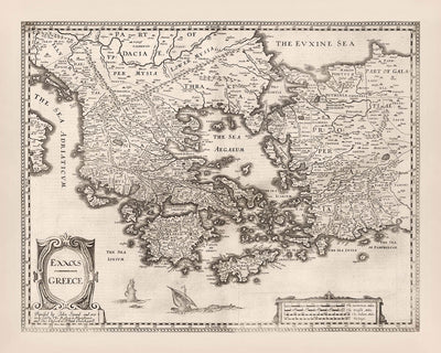 Ancienne carte de la Grèce par Speed, 1676 : Athènes, Corinthe, mer Égée, navires 