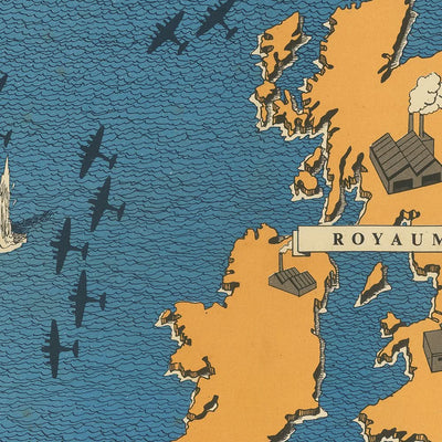 Ancienne carte picturale de la bataille de l'Atlantique par Blake, 1944 : Royaume-Uni, sous-marins, convois 