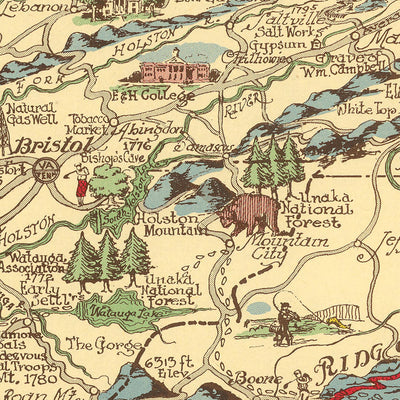 Alte Karte der Appalachenregion von Kearfott, 1950: Appalachian Trail, Cumberland Gap, Great Smoky Mountains, Winston Salem 