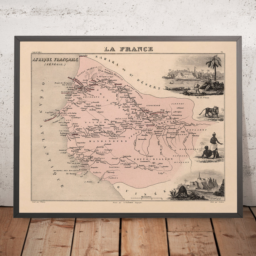 Mappa Antica del Senegal (Africa Francese) di Vuillemin, 1869: Dakar, Saint-Louis, Fiumi Senegal e Gambia, Coloniale 