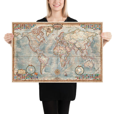 Executive World Map by Ray&Co, 2025: 3D Ocean Relief, Vintage Aesthetic, Every Flag