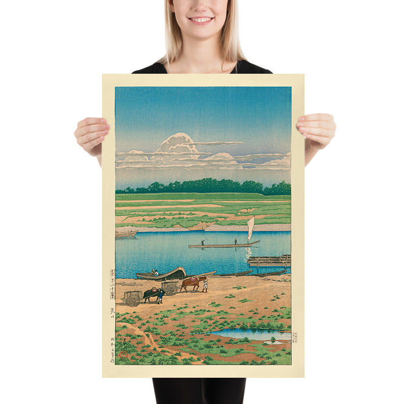 Barca a vela sul fiume e cavalli di Hasui Kawase, 1935 