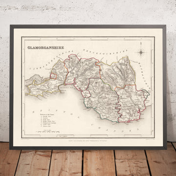 Alte Karte von Glamorgan, Wales von Creighton, 1844: Cardiff, Swansea, Merthyr, Gower, Taff Vale Railway 