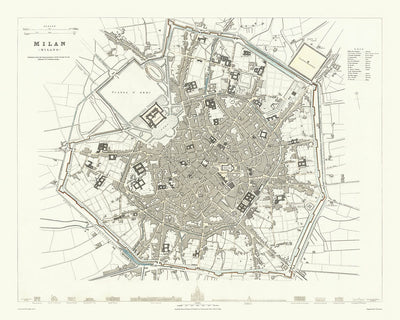 Old Map of Milan, 1832: Duomo, Sforza Castle, Piazza d'Armi, Royal Palace, Lazzaretto