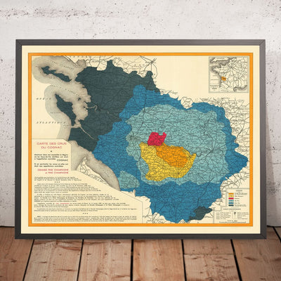 Ancienne carte des vins de Cognac par Bidoit, 1938 : Bordeaux, La Rochelle, classifications des crus, chemins de fer 