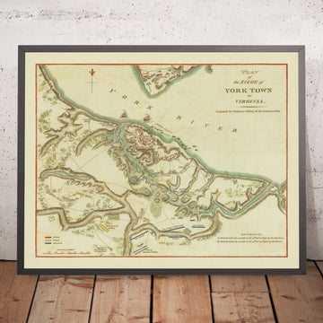 Antigua mapa militar del sitio de Yorktown por Stedman, 1793: Virginia, Gloucester, Reductos 9 y 10, Flota Francesa, Washington 
